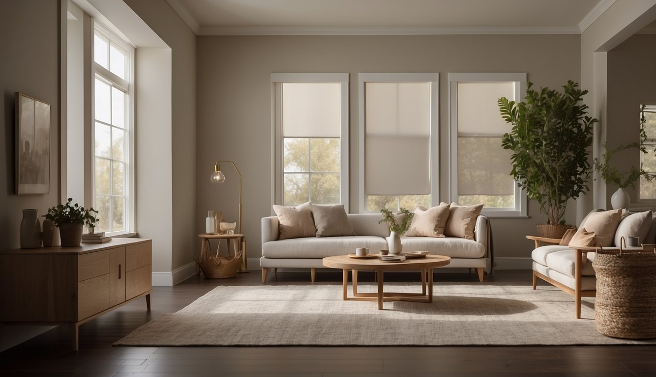 A dimly lit room with soft, muted walls in Pale Oak by Benjamin Moore. Subtle light reflects off the walls, creating a calm and airy atmosphere