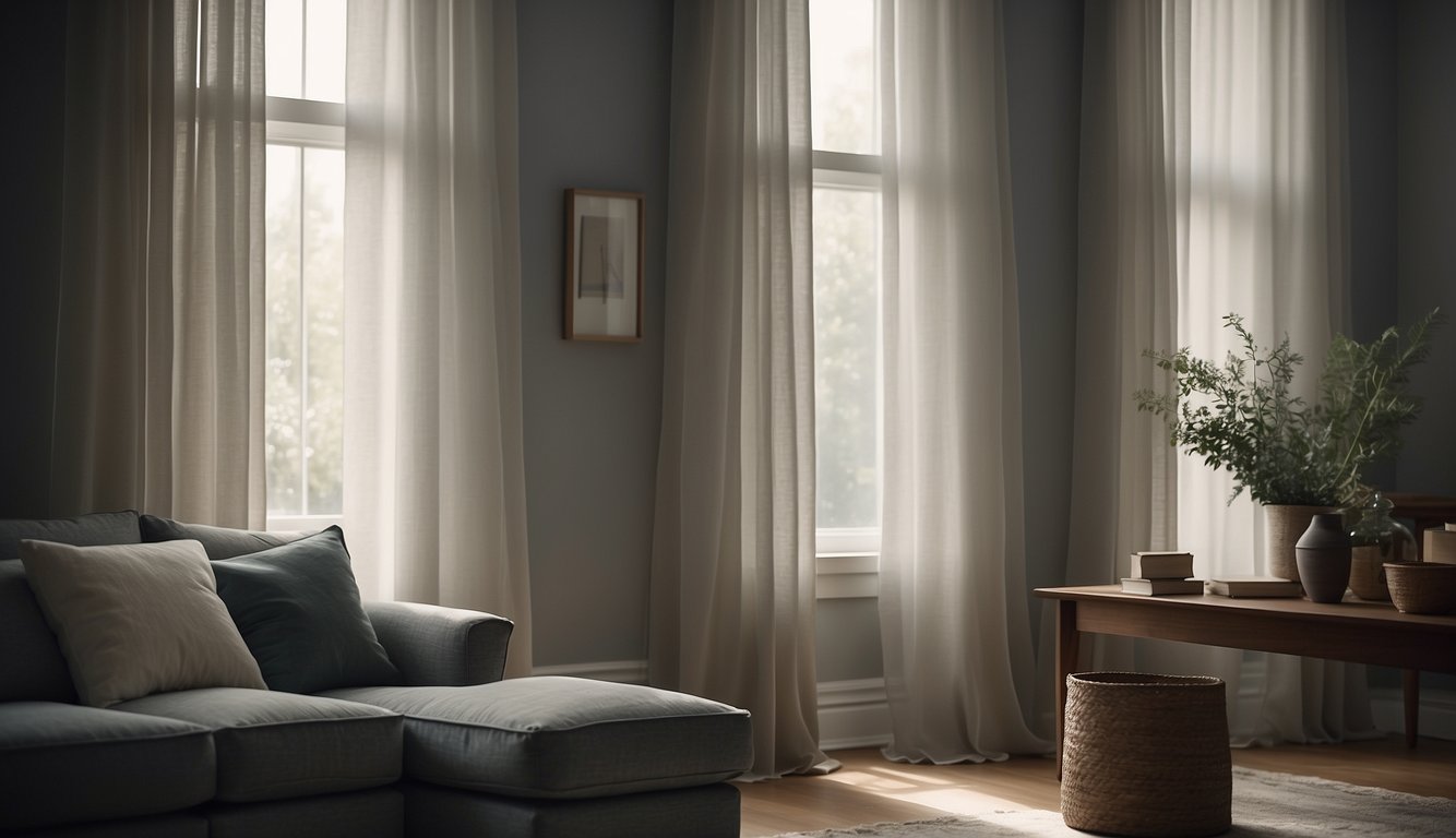 A dimly lit room with soft, muted tones. Light filters in through sheer curtains, casting a gentle glow on the walls painted in Classic Gray by Benjamin Moore