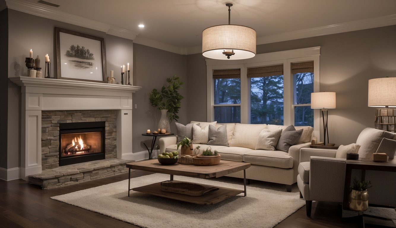 A cozy living room with soft, warm lighting. The walls are painted in Revere Pewter by Benjamin Moore, creating a soothing and inviting atmosphere in a low-light setting