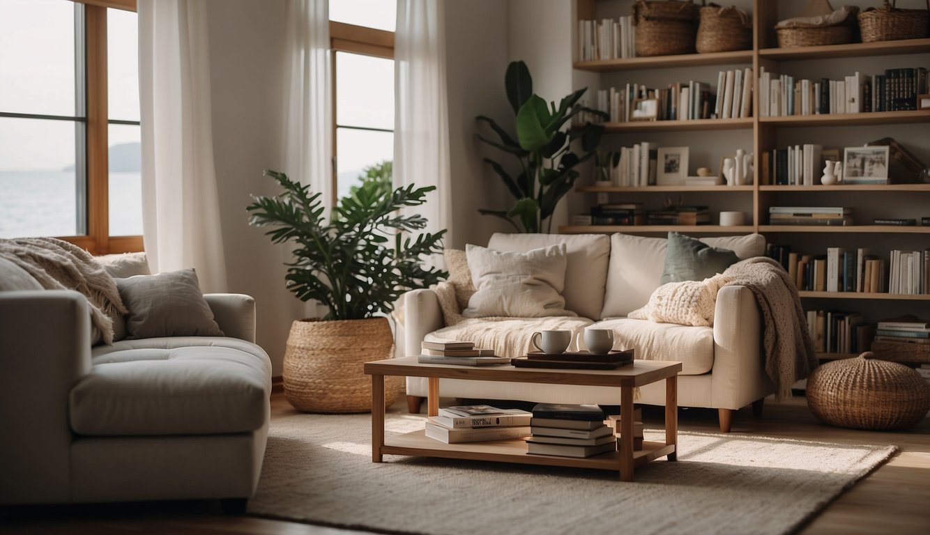 A cozy living room with Sea Salt walls, soft natural light, and a plush sofa. A bookshelf filled with books and a warm throw blanket completes the inviting space