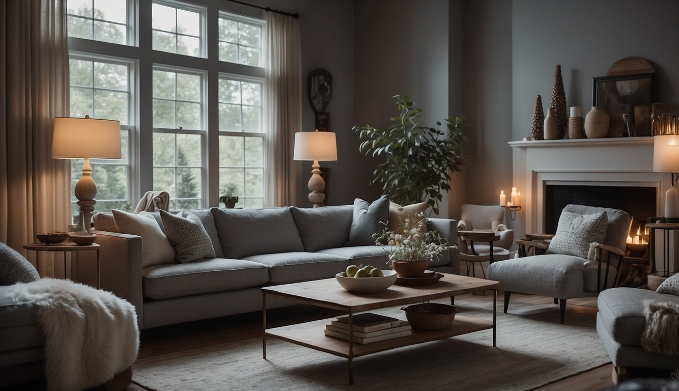 A cozy living room with dim lighting, featuring walls painted in Gray Owl by Benjamin Moore. Furniture and decor are arranged to create a warm and inviting atmosphere