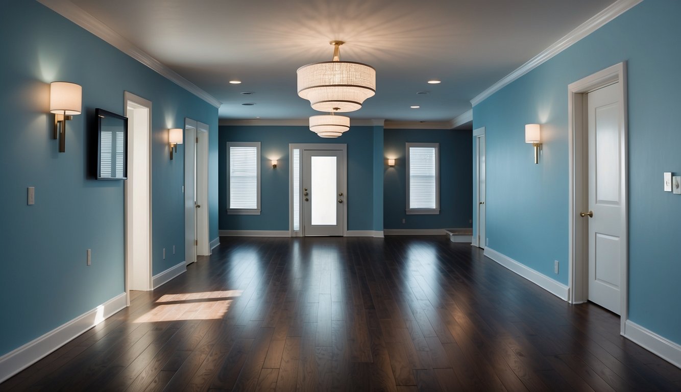 A hallway with light blue walls, illuminated by soft natural light. White trim and dark wood floors create a clean and modern feel