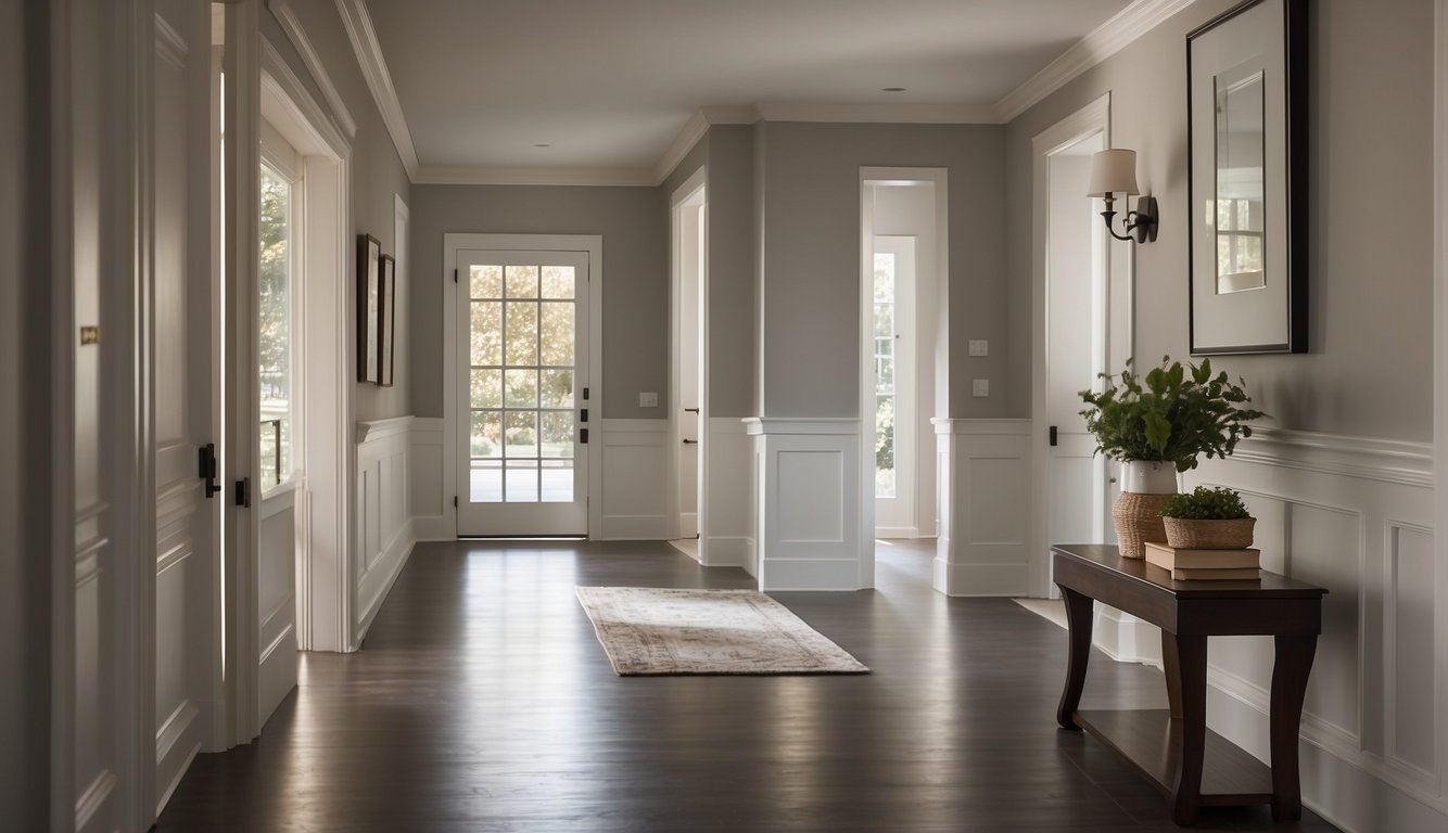 A hallway painted in Edgecomb Gray by Benjamin Moore, with natural light streaming in, casting soft shadows on the walls and highlighting the color's warm undertones