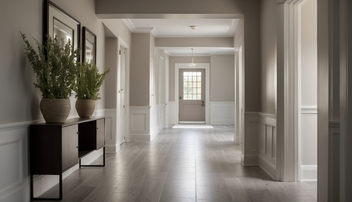 A hallway painted in Revere Pewter by Benjamin Moore, with natural light streaming in and casting soft shadows on the walls and floor