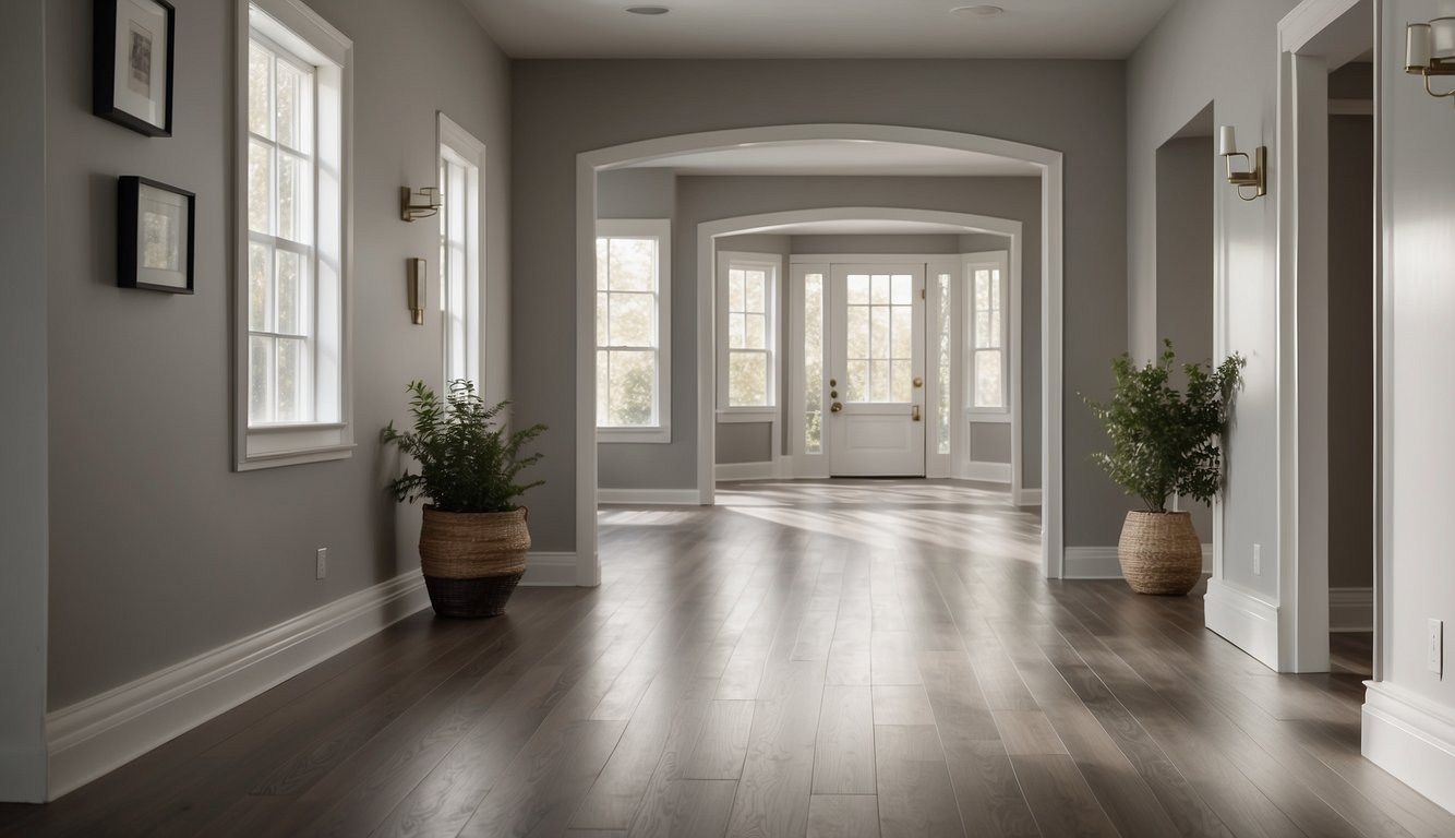 A hallway painted in Agreeable Gray by Sherwin-Williams with natural light streaming in, casting soft shadows on the walls and highlighting the clean, modern lines of the space