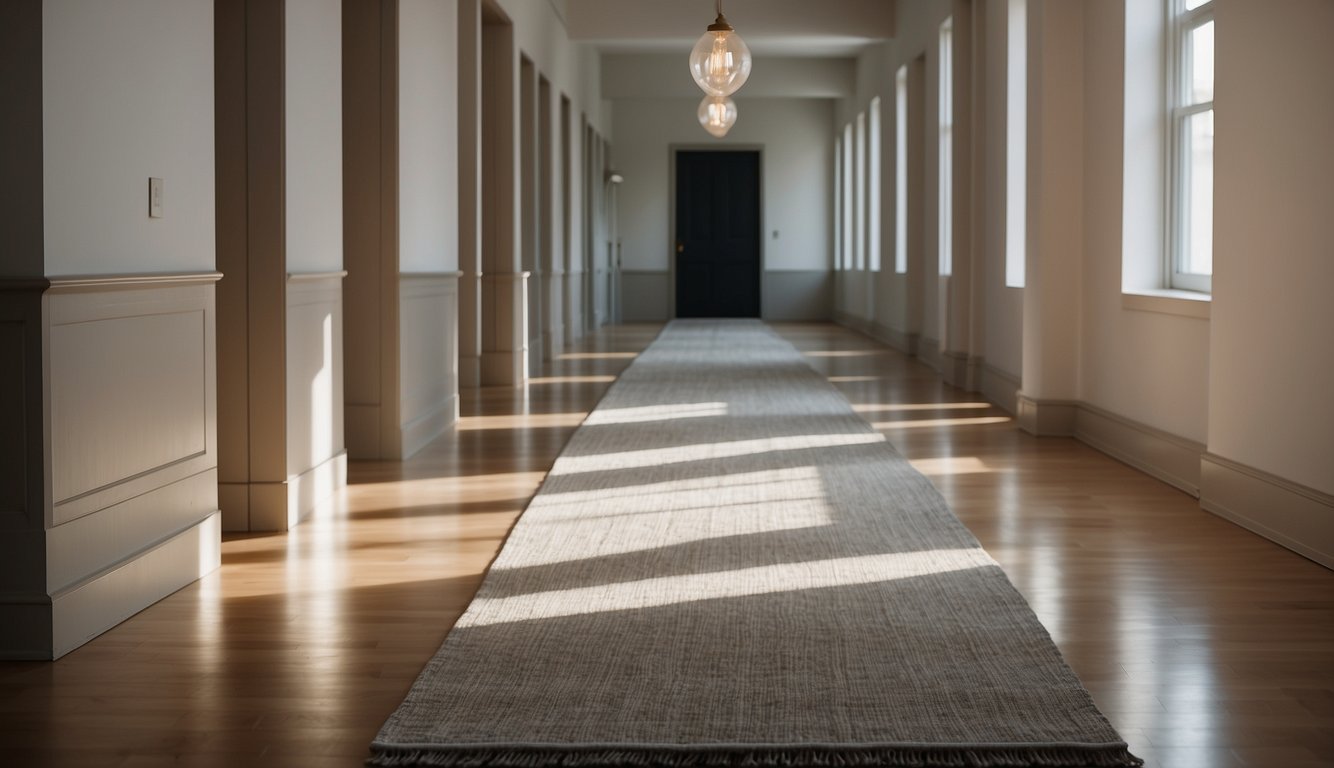 A narrow hallway painted in Sea Salt by Sherwin-Williams, with soft natural light filtering in through a window, casting a serene and calming atmosphere