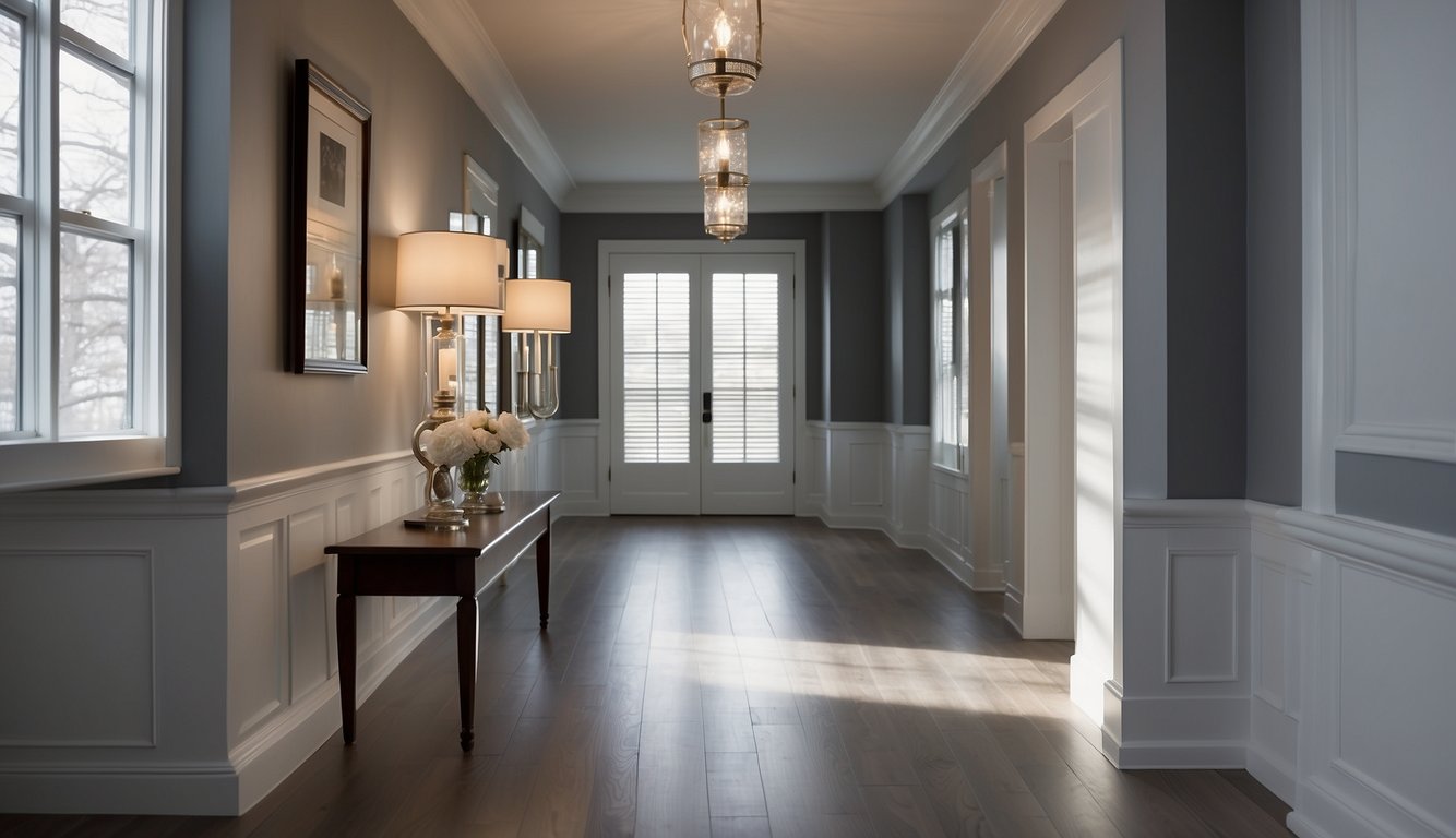 A hallway painted in Classic Gray by Benjamin Moore, with natural light streaming in, casting soft shadows on the walls and illuminating the space