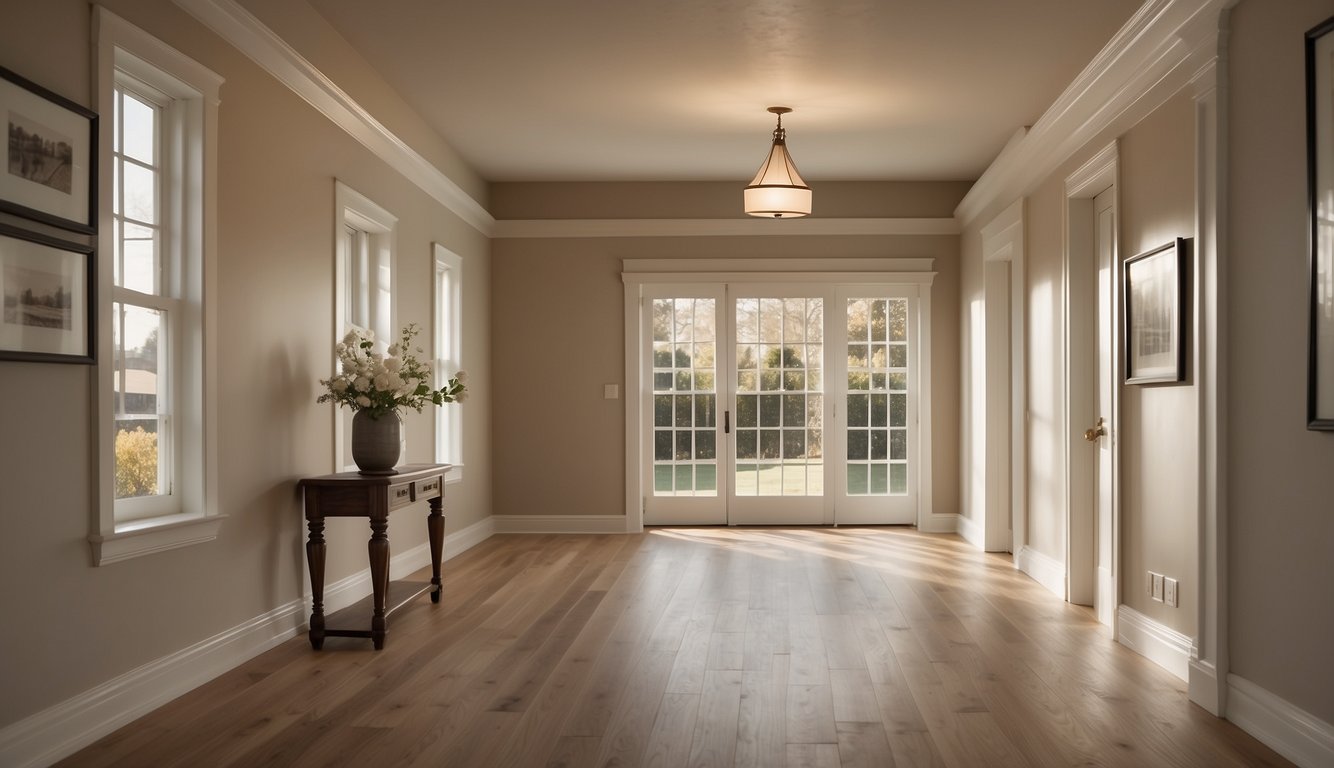 A hallway painted in Pale Oak by Benjamin Moore, with light filtering in through a window, casting a soft, warm glow on the walls