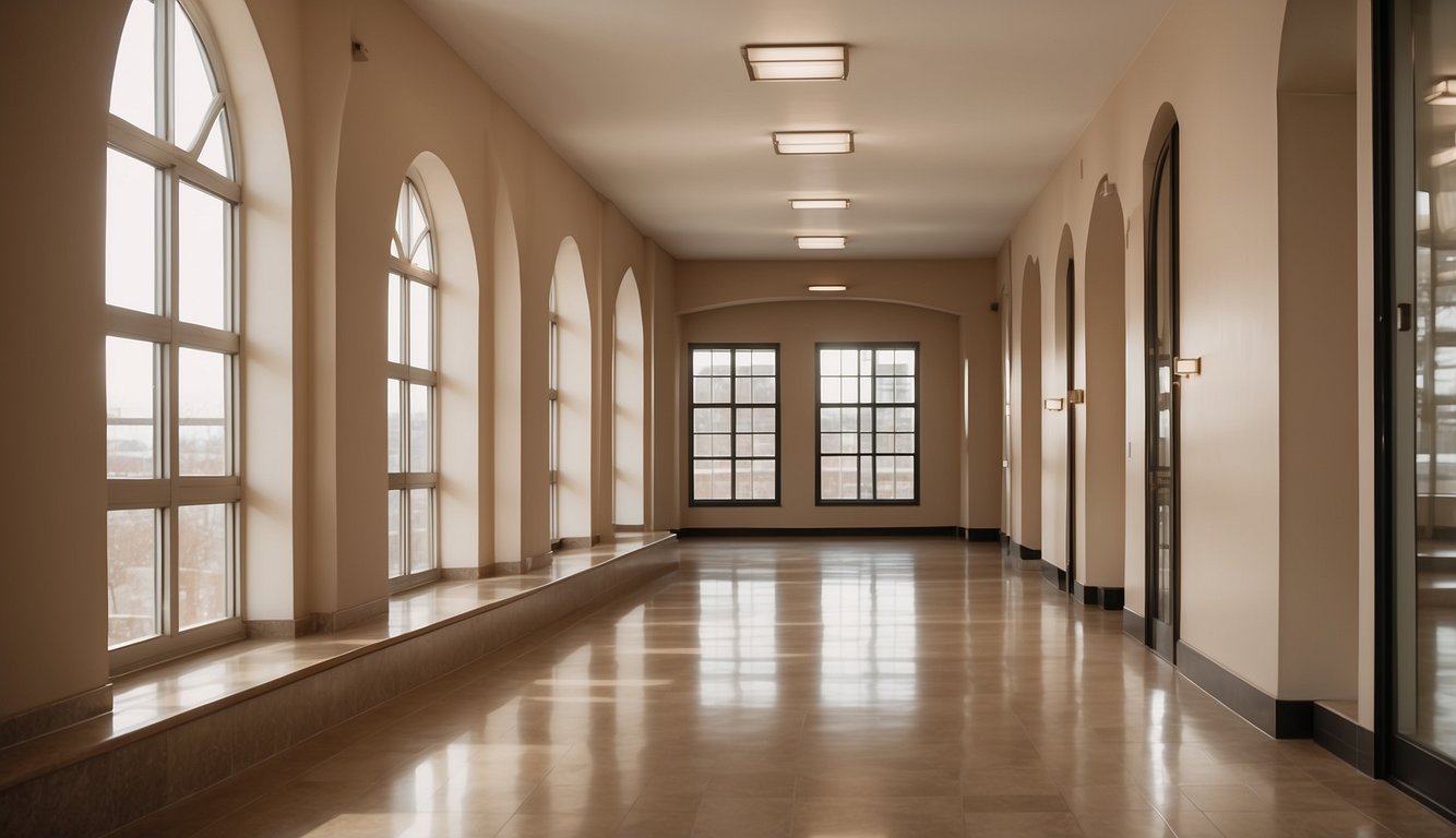 A long hallway with warm, neutral walls in Accessible Beige. Natural light floods in from a row of windows, casting a soft glow on the smooth, polished floor