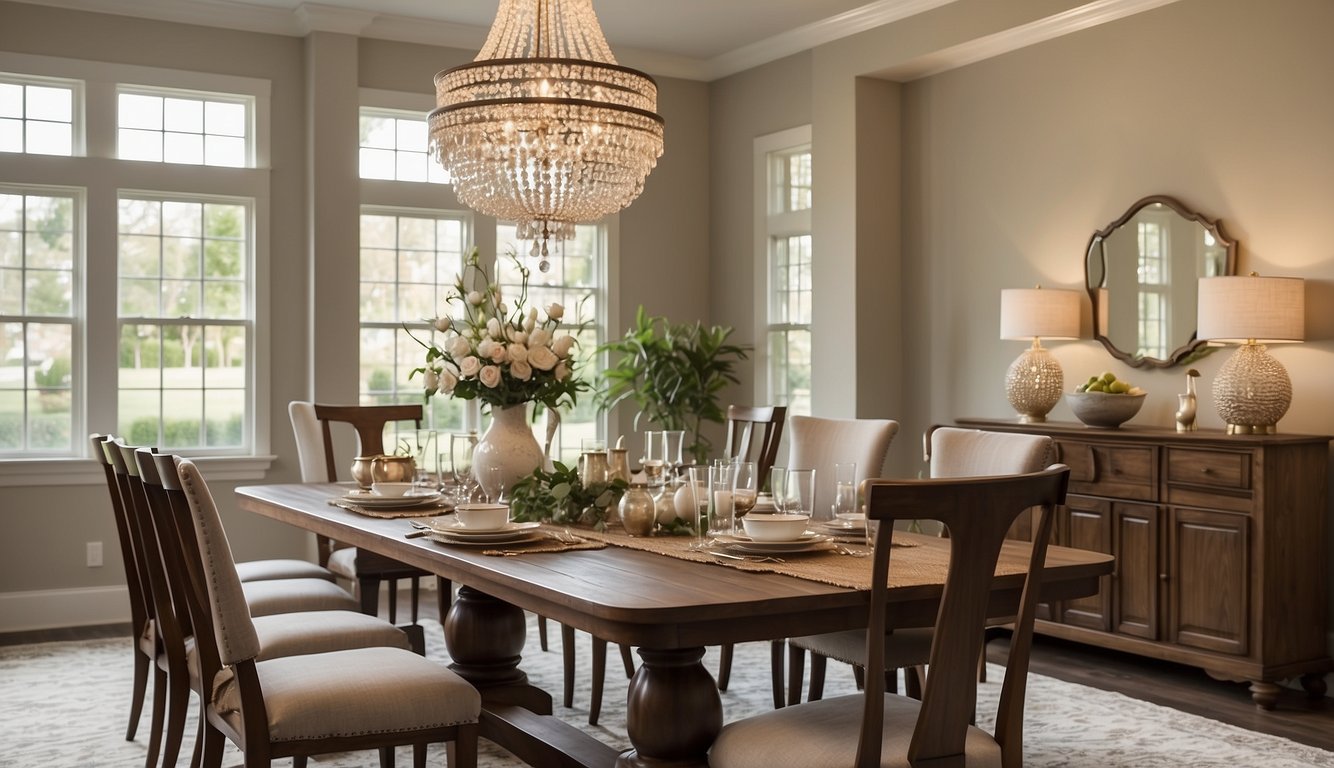 A dining room with Sherwin-Williams Alabaster paint on the walls. A large wooden table with chairs, a chandelier, and a sideboard