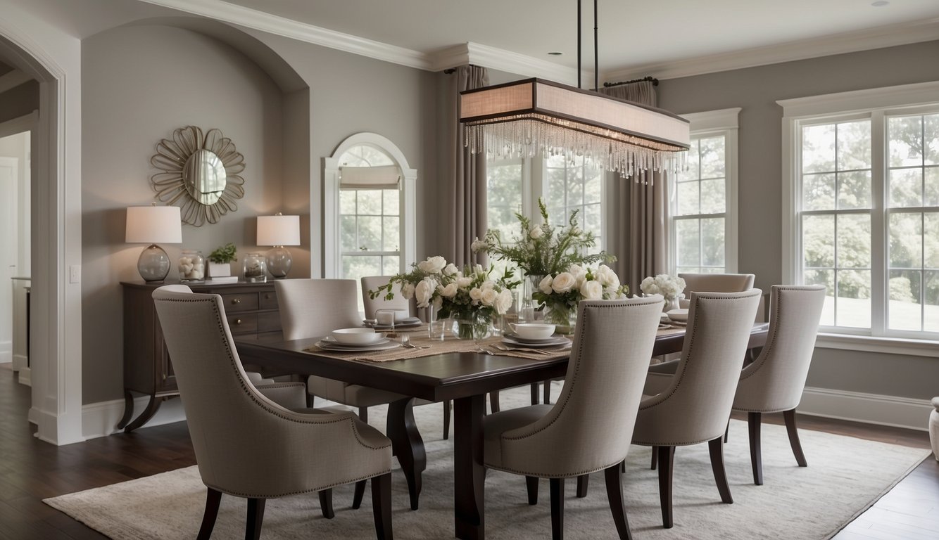 A dining room with soft natural light, featuring elegant furniture and a warm, inviting atmosphere, painted in Benjamin Moore Revere Pewter