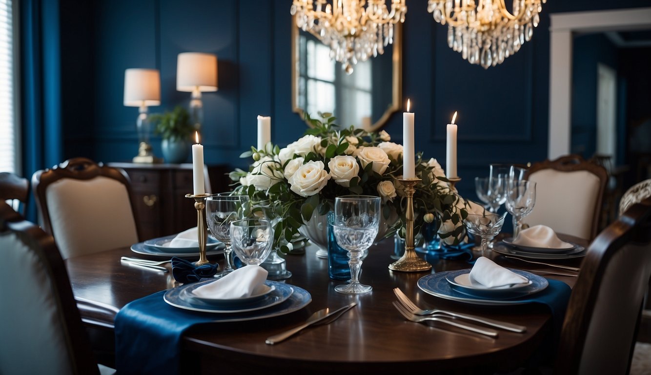 A dining room with rich blue walls, elegant lighting, and a formal table setting