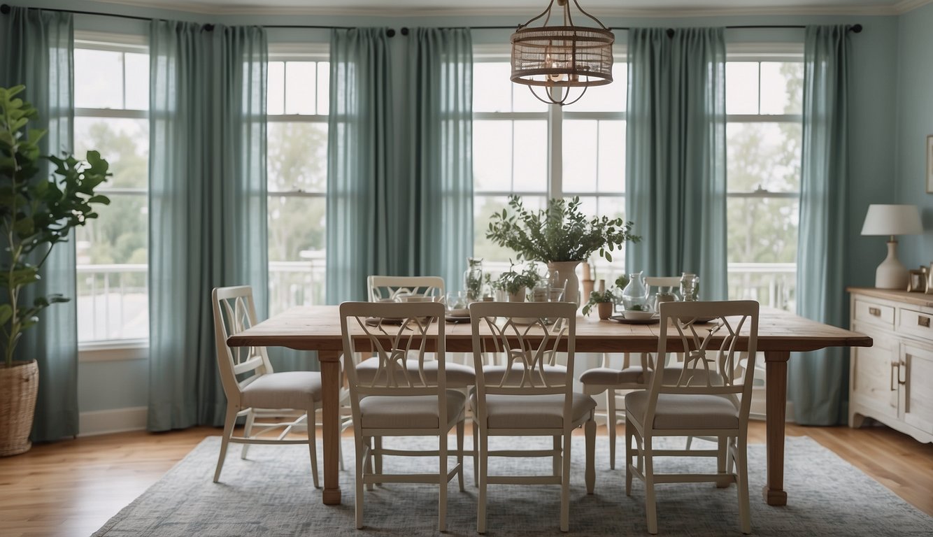 A dining room with Sea Salt paint, a soft blue-green, accented with white trim and natural wood furniture. Light filters in through sheer curtains, creating a serene atmosphere