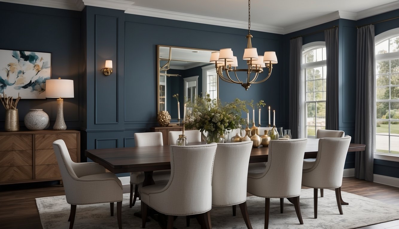 A dining room with Behr Marquee Charcoal Blue 13 walls, a large dining table, and elegant lighting