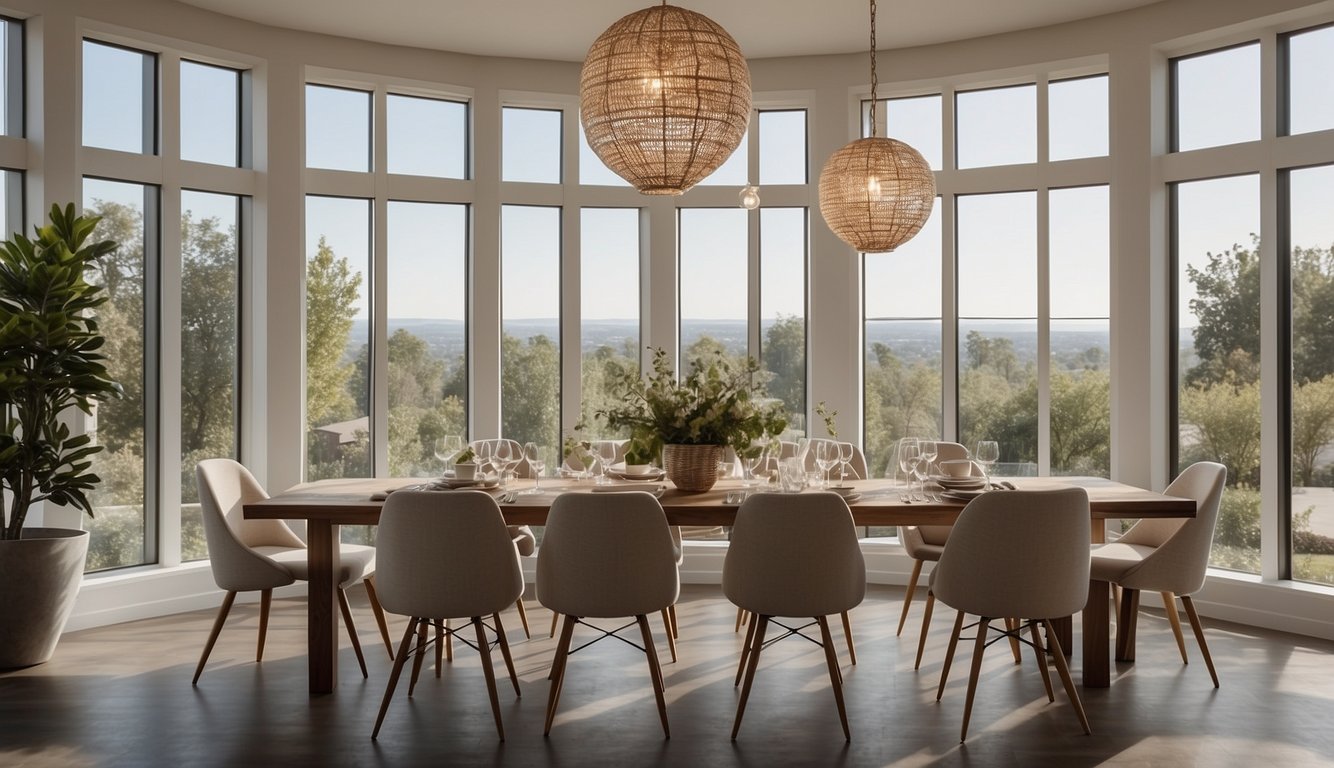 A dining room with White Dove walls, a large table, and elegant chairs. Natural light floods the room through large windows, creating a warm and inviting atmosphere