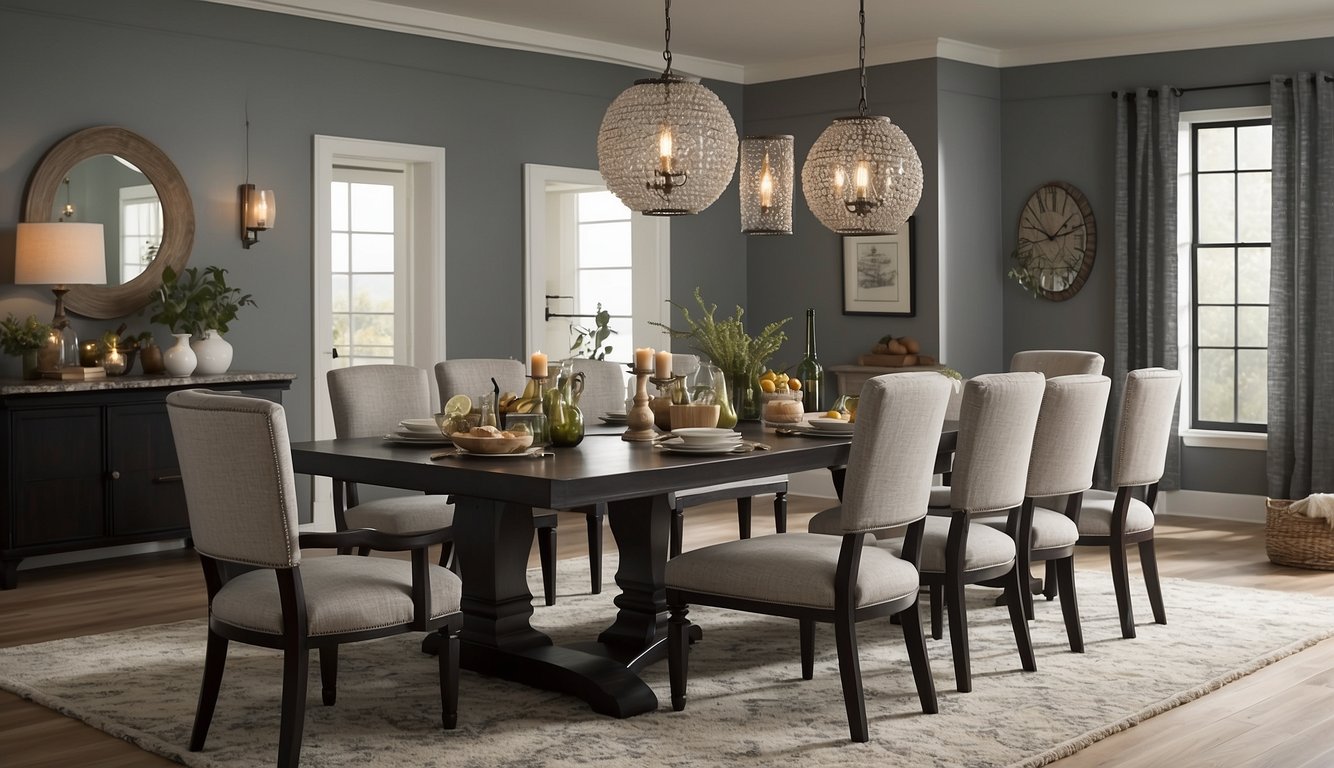 A dining room with Behr Premium Granite Dust 13 painted walls, featuring a table set for a meal with chairs, a chandelier, and decor