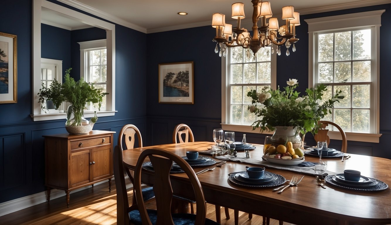 A dining room with navy blue walls, white trim, and a large wooden table set with elegant place settings. Light streams in through a large window, casting a warm glow over the room