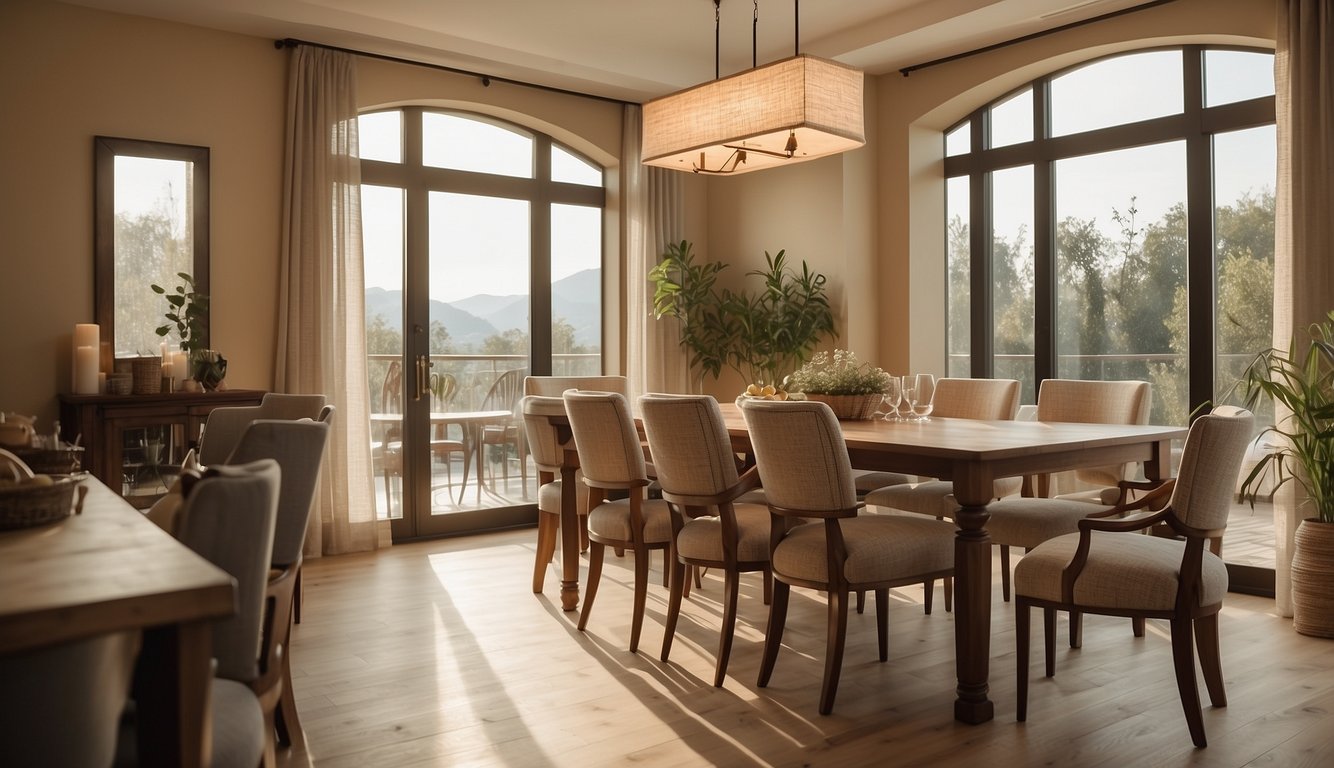 A dining room with warm, inviting beige walls, complemented by natural light and a cozy atmosphere