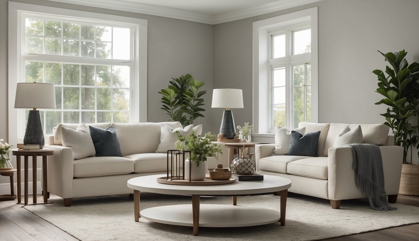 A living room with Revere Pewter walls, white trim, and natural light. Minimalist decor and neutral furniture create a clean, inviting space