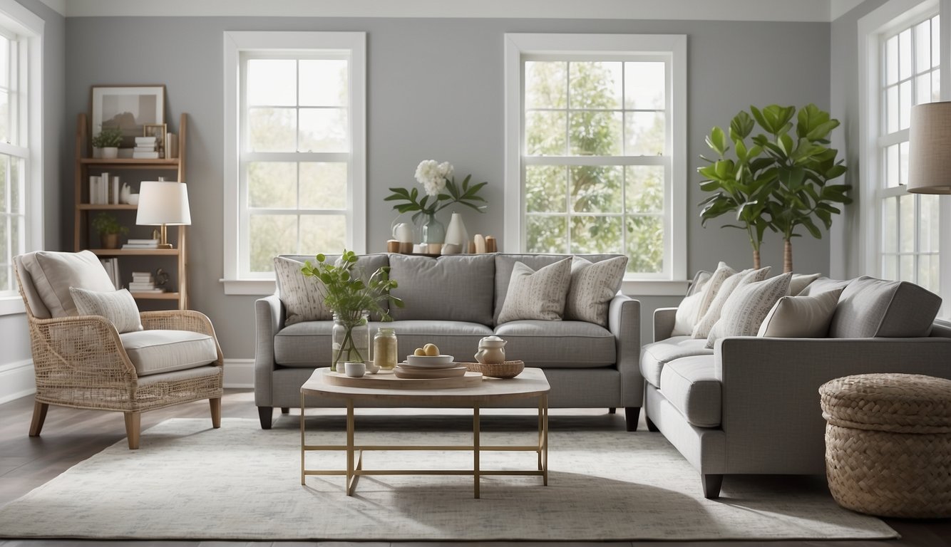 A bright, spacious living room with soft natural light, featuring walls painted in Classic Gray by Benjamin Moore. Simple, modern furniture and minimal decor create a clean, inviting atmosphere