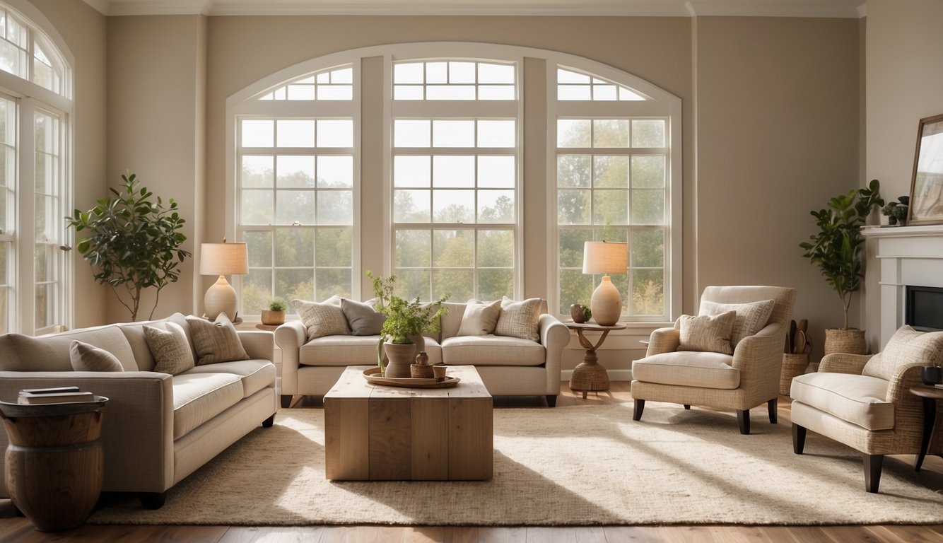 A bright and airy living room with walls painted in Accessible Beige by Sherwin-Williams. Sunlight streams in through large windows, illuminating the neutral color and creating a welcoming atmosphere