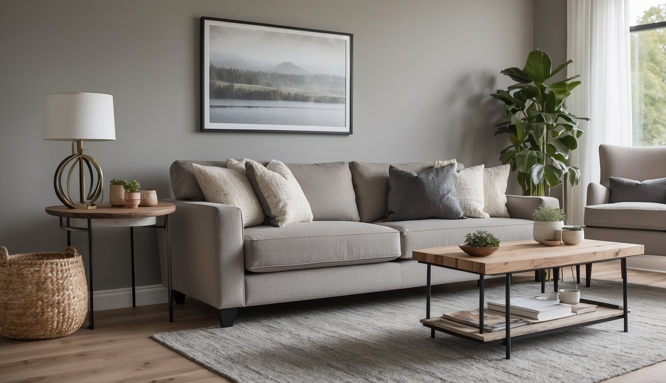 A living room with Mindful Gray walls, white trim, and natural light. A neutral-colored sofa and accents create a warm and inviting atmosphere