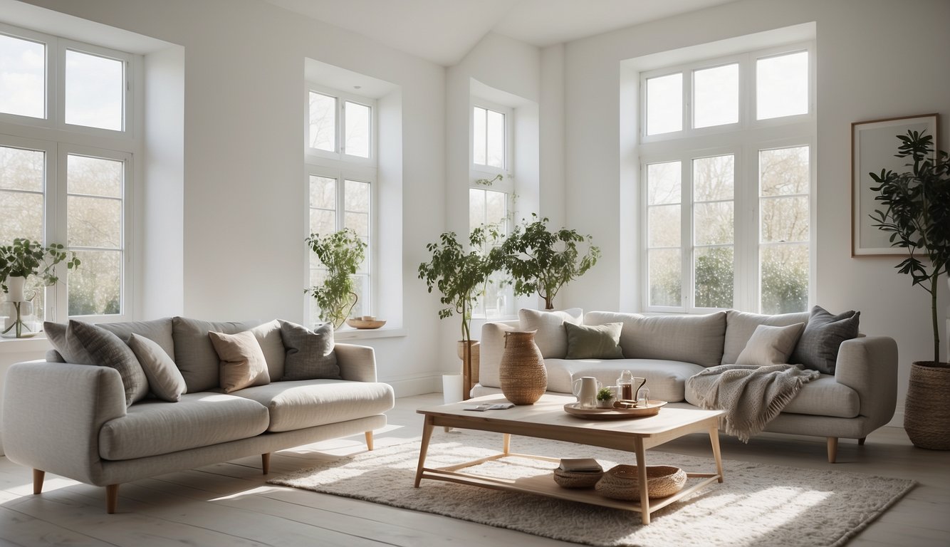 A bright, airy living room with white walls and dove grey accents. Sunlight streams in through large windows, casting a soft glow on the neutral furniture and decor