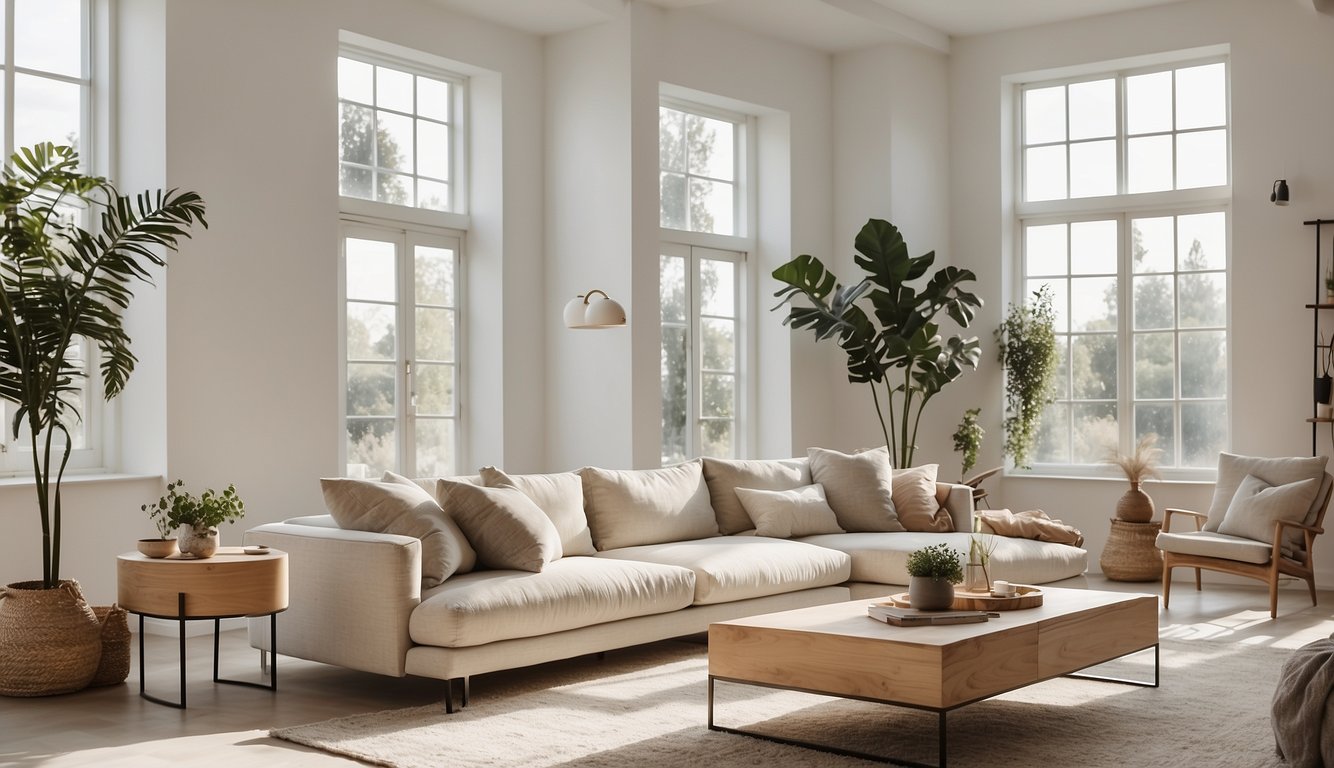 A bright, airy living room with Balboa Mist walls, natural light streaming in, and minimalistic decor