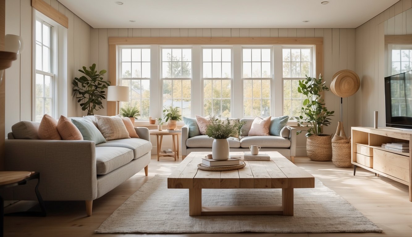 A bright, airy living room with Pale Oak walls, flooded with natural light. Neutral furniture and pops of color create a welcoming and inviting space