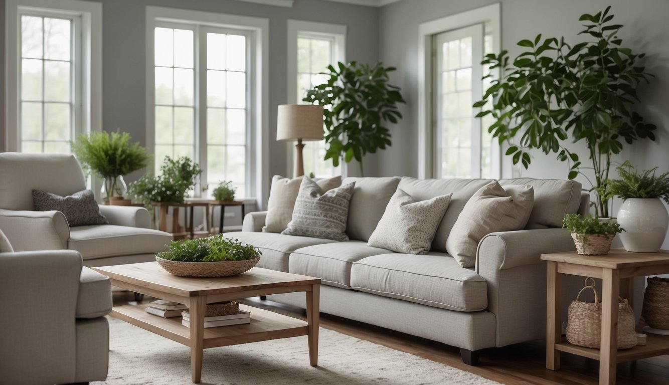 A cozy living room with Repose Gray walls, white trim, and natural light streaming in through the windows. A neutral-colored sofa and pops of greenery complete the inviting space