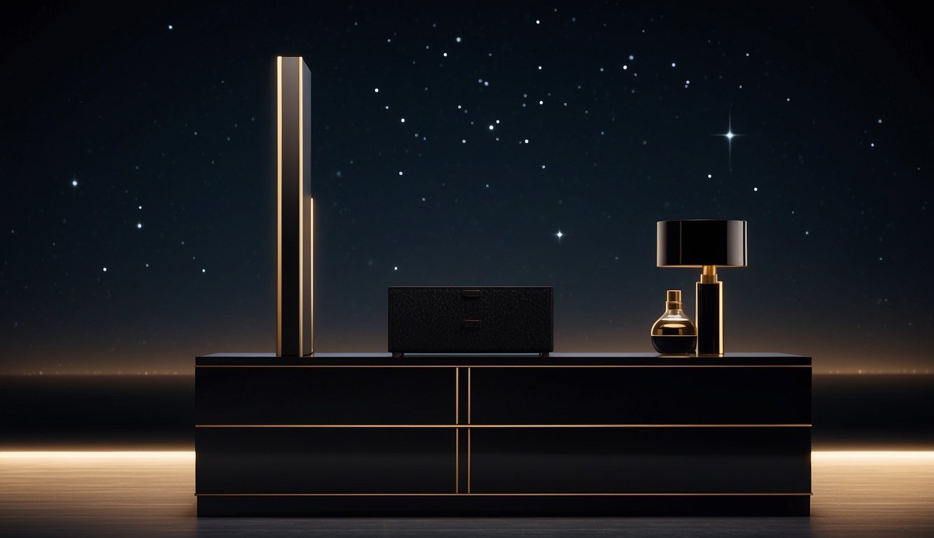 A sleek black dresser stands against a midnight backdrop, highlighting its elegant silhouette. A soft glow emanates from the surface, creating a sense of depth and sophistication