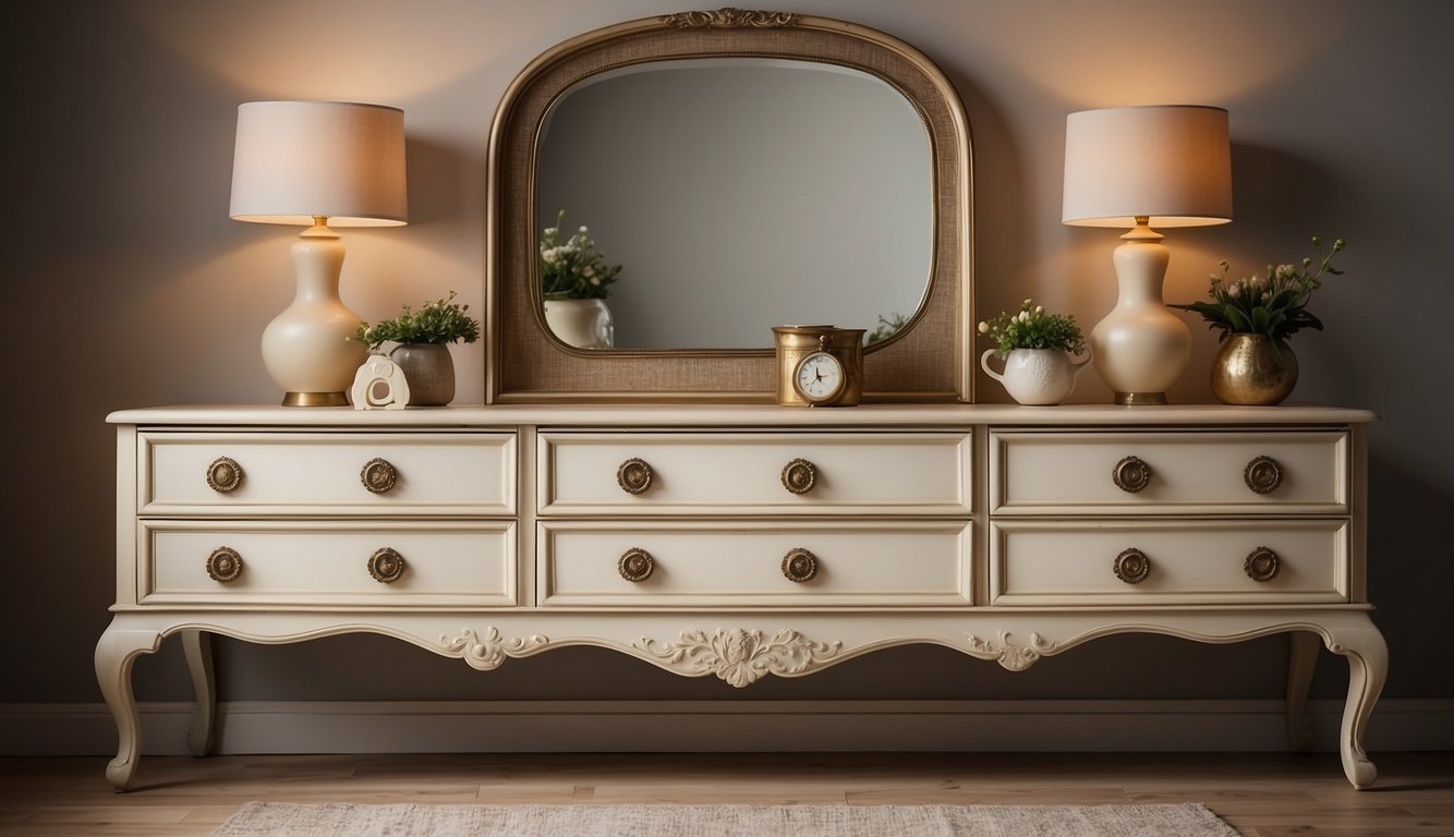 A vintage dresser painted in Antique White stands against a neutral backdrop, accented by soft lighting to highlight its elegant finish