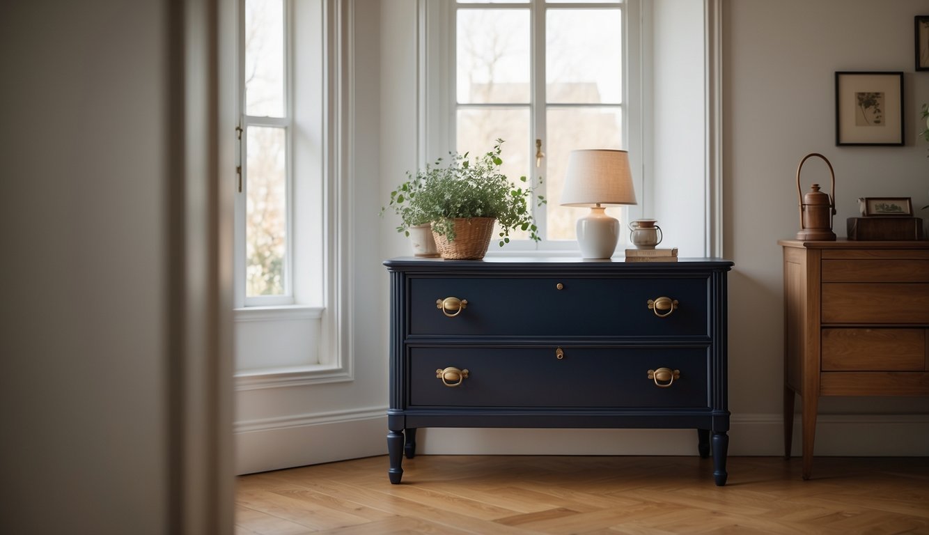 A vintage dresser painted in Behr's Classic Navy stands against a white wall, with warm natural light streaming in through a nearby window