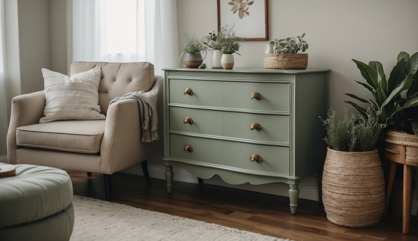 A vintage dresser painted in Dusty Rose sits in a sunlit room, surrounded by white and gold accents