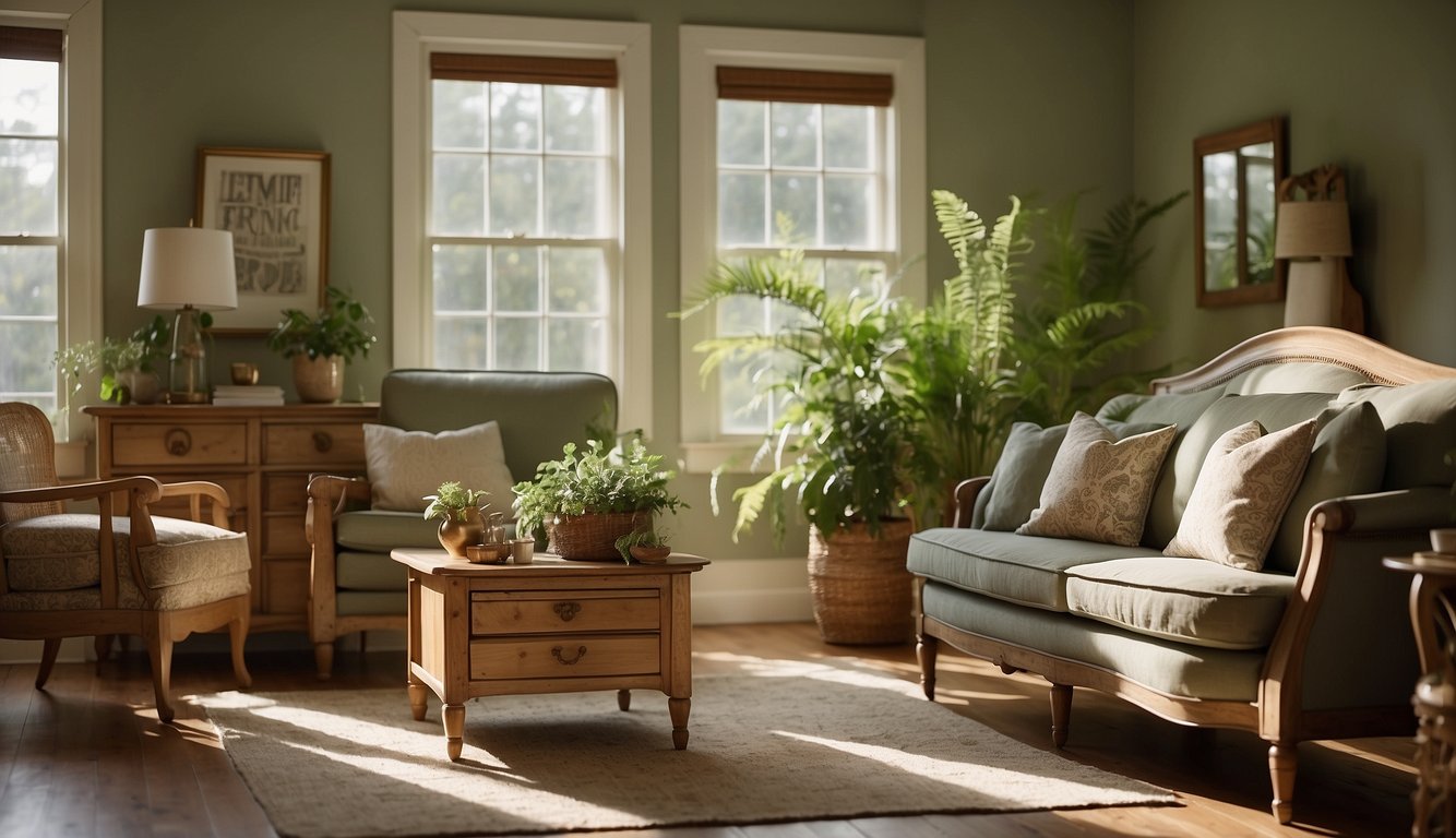 A cozy living room with a vintage dresser painted in Soft Fern by Benjamin Moore. Sunlight filters through the window, casting a warm glow on the furniture