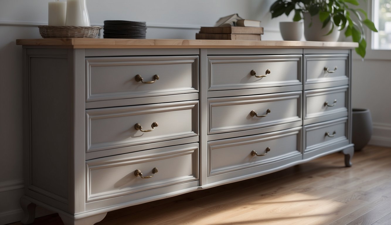 A wooden dresser painted in Dovetail Gray sits against a white wall, with natural light streaming in from a nearby window, casting soft shadows on the surface