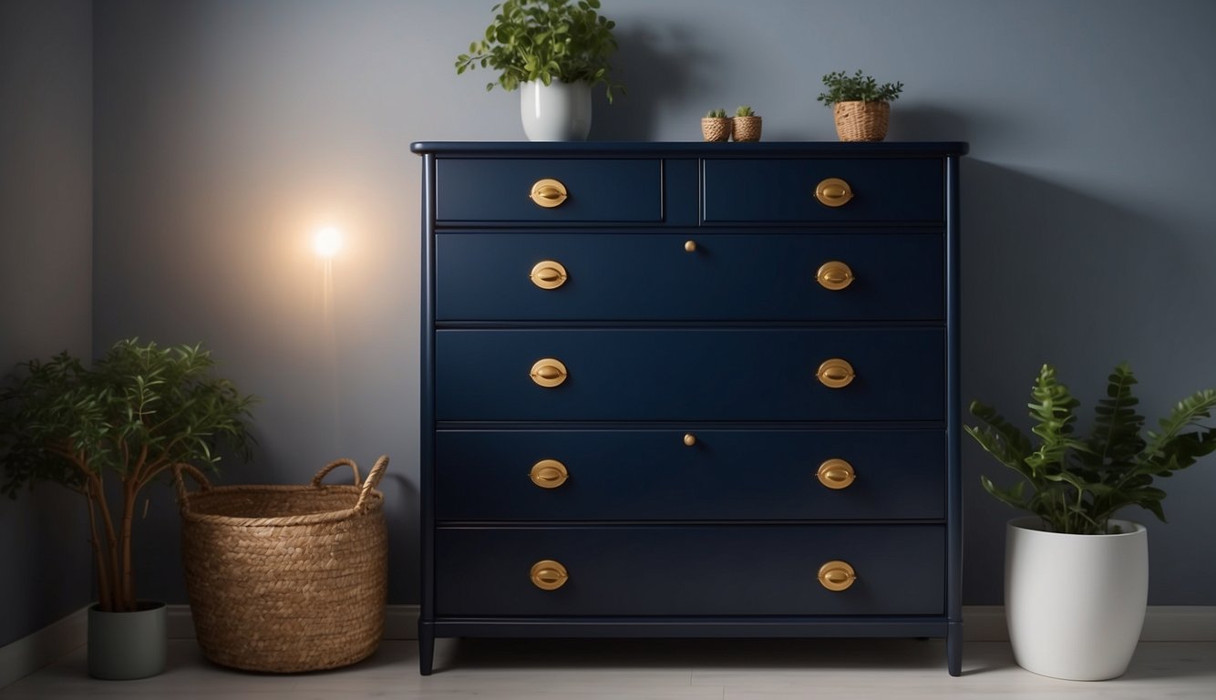 A midnight blue painted dresser stands against a white wall, with soft lighting casting a subtle glow on its smooth surface