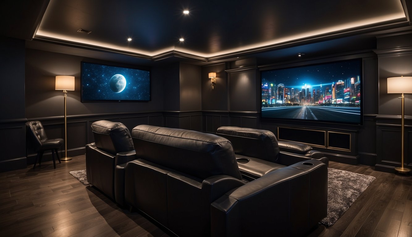 A cozy media room with Tricorn Black walls, dim lighting, and comfortable seating. A large screen and surround sound system complete the entertainment setup