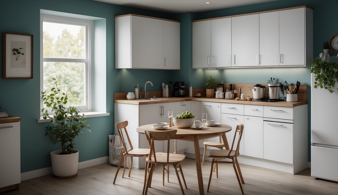 A small kitchen with muted teal walls, natural light, and white cabinetry. A cozy, inviting space with a modern feel