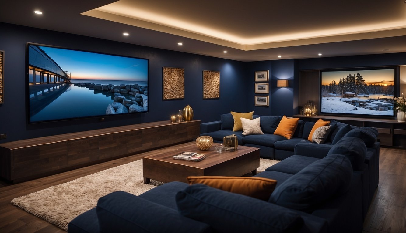 A cozy media room with deep navy walls, accented by warm lighting and comfortable seating. A large screen TV and surround sound speakers complete the space