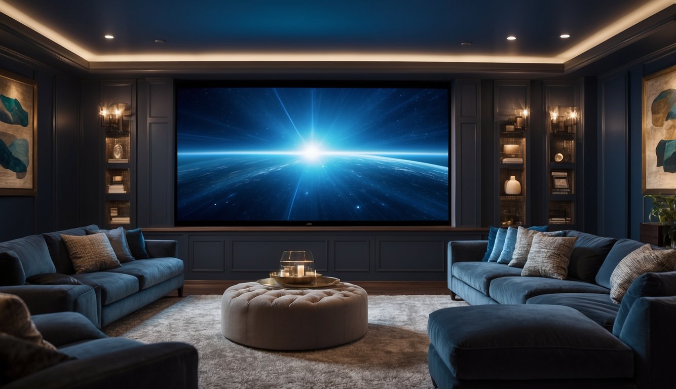 A cozy media room with rich blue walls, soft lighting, and comfortable seating. A large screen and surround sound system complete the entertainment space