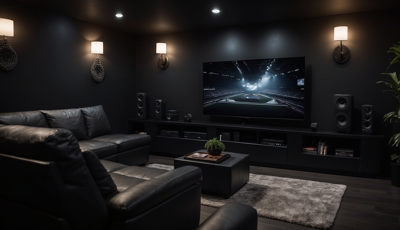 A cozy media room with walls painted in Dunn-Edwards Black 9. A large screen TV mounted on the wall, surrounded by comfortable seating and soft, ambient lighting