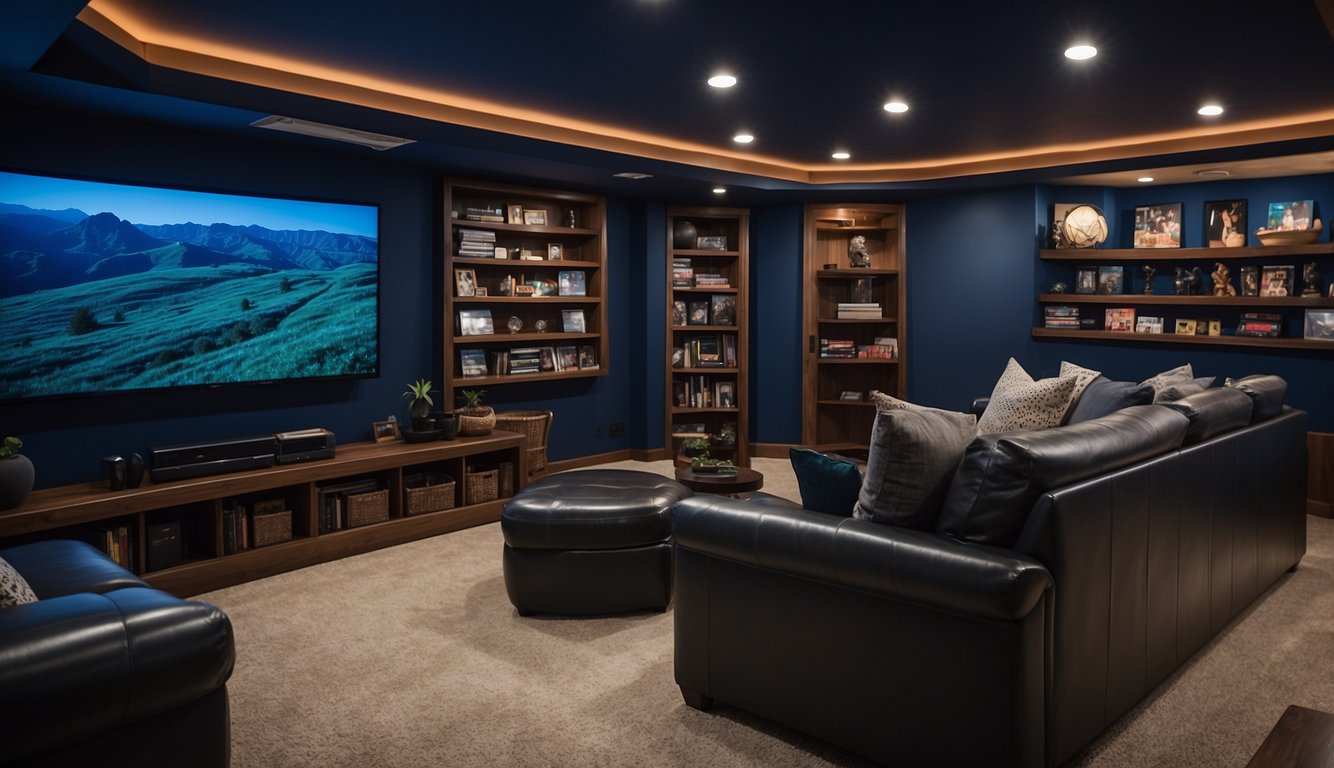 A cozy media room with deep blue walls, plush seating, and soft lighting. A large screen TV is mounted on the wall, surrounded by shelves of movies and games