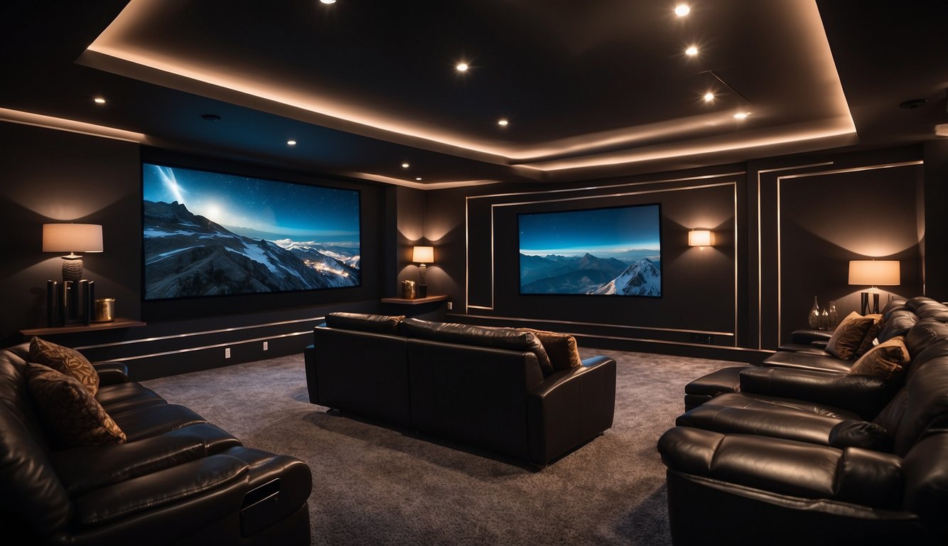 A cozy media room with PPG Black Magic walls, plush seating, dimmable lighting, and a large screen for movie nights