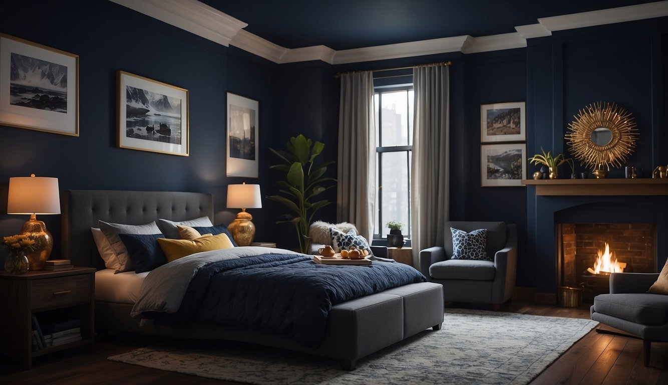 A cozy dark room with rich navy walls, accented with warm lighting and pops of contrasting colors