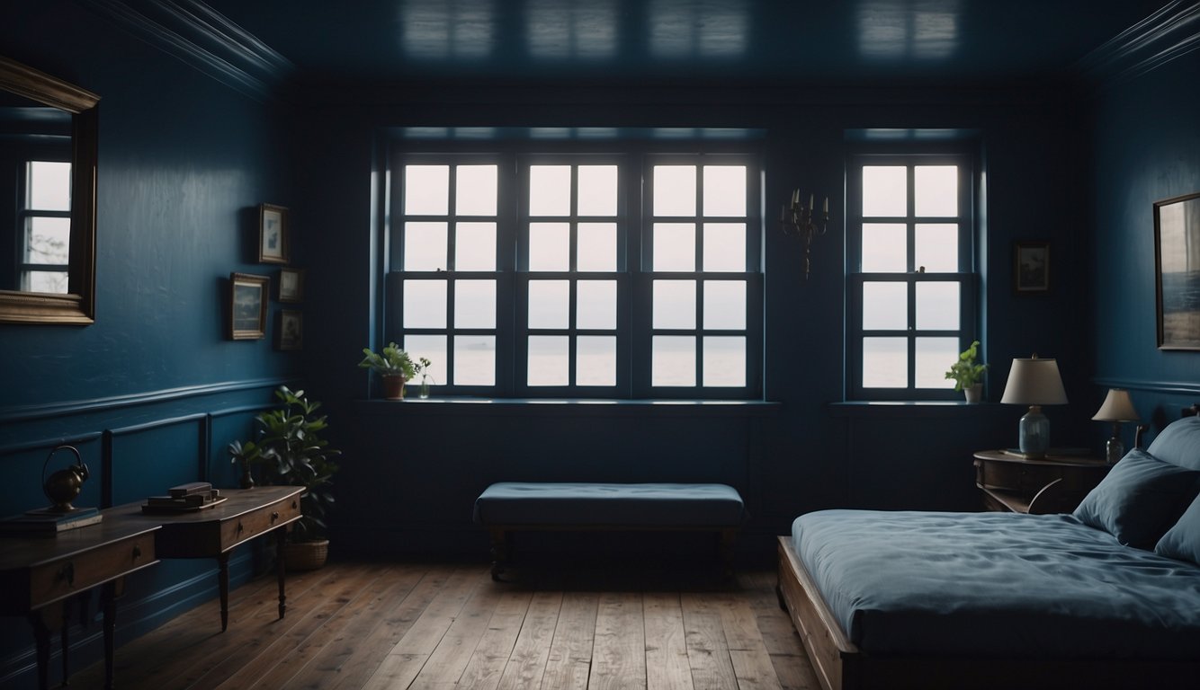 A dimly lit room with deep blue walls, casting a moody atmosphere. Light reflects off the glossy finish, creating a sense of depth and richness