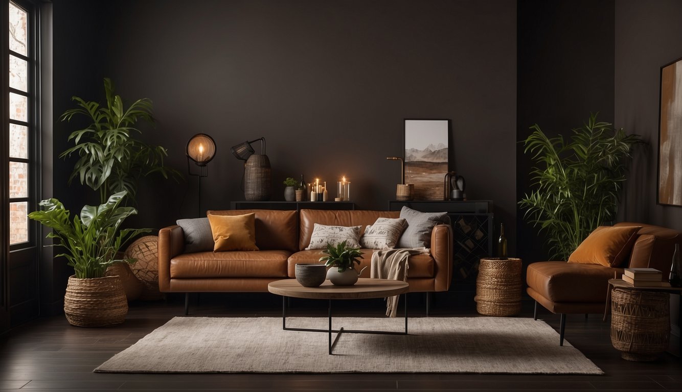 A cozy, dimly lit room with Behr Dark Truffle 9 paint on the walls, creating a warm and inviting atmosphere. The rich, deep color adds depth and sophistication to the space