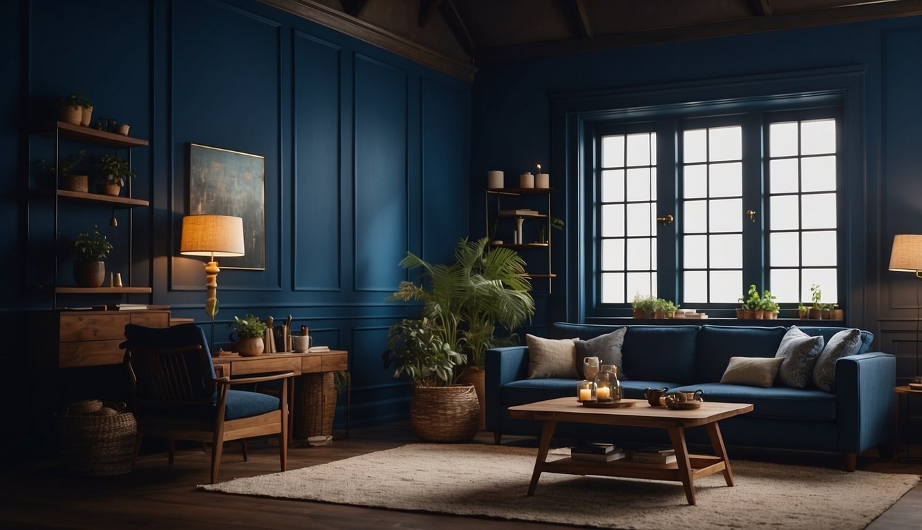 A cozy, dimly lit room with deep blue walls, accented with warm lighting and rich, velvety textures