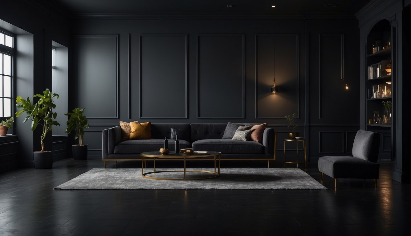 A dimly lit room with Kendall Charcoal walls, casting a moody and sophisticated ambiance. Shadows play across the surfaces, adding depth and intrigue to the space