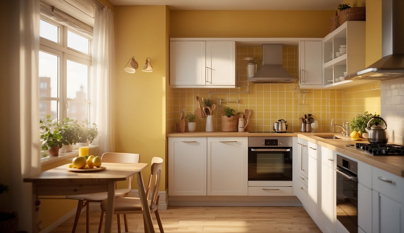 A small kitchen with sunny yellow walls, bright and inviting. Light bounces off the smooth surface, creating a warm and cozy atmosphere